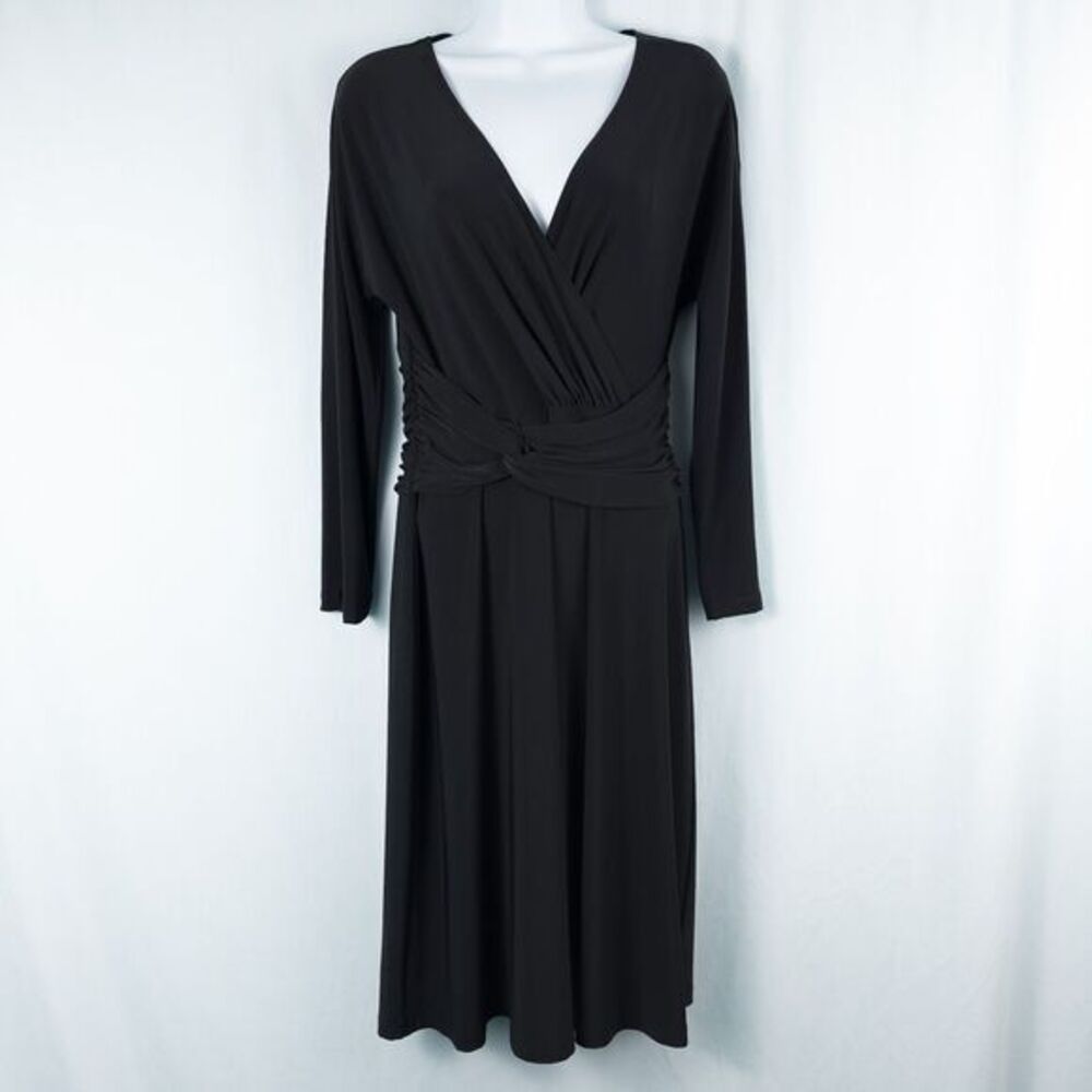 Evan Picone Long Sleeve Surplice Ruched Dress Size 6‎ Black Stretchy Cocktail